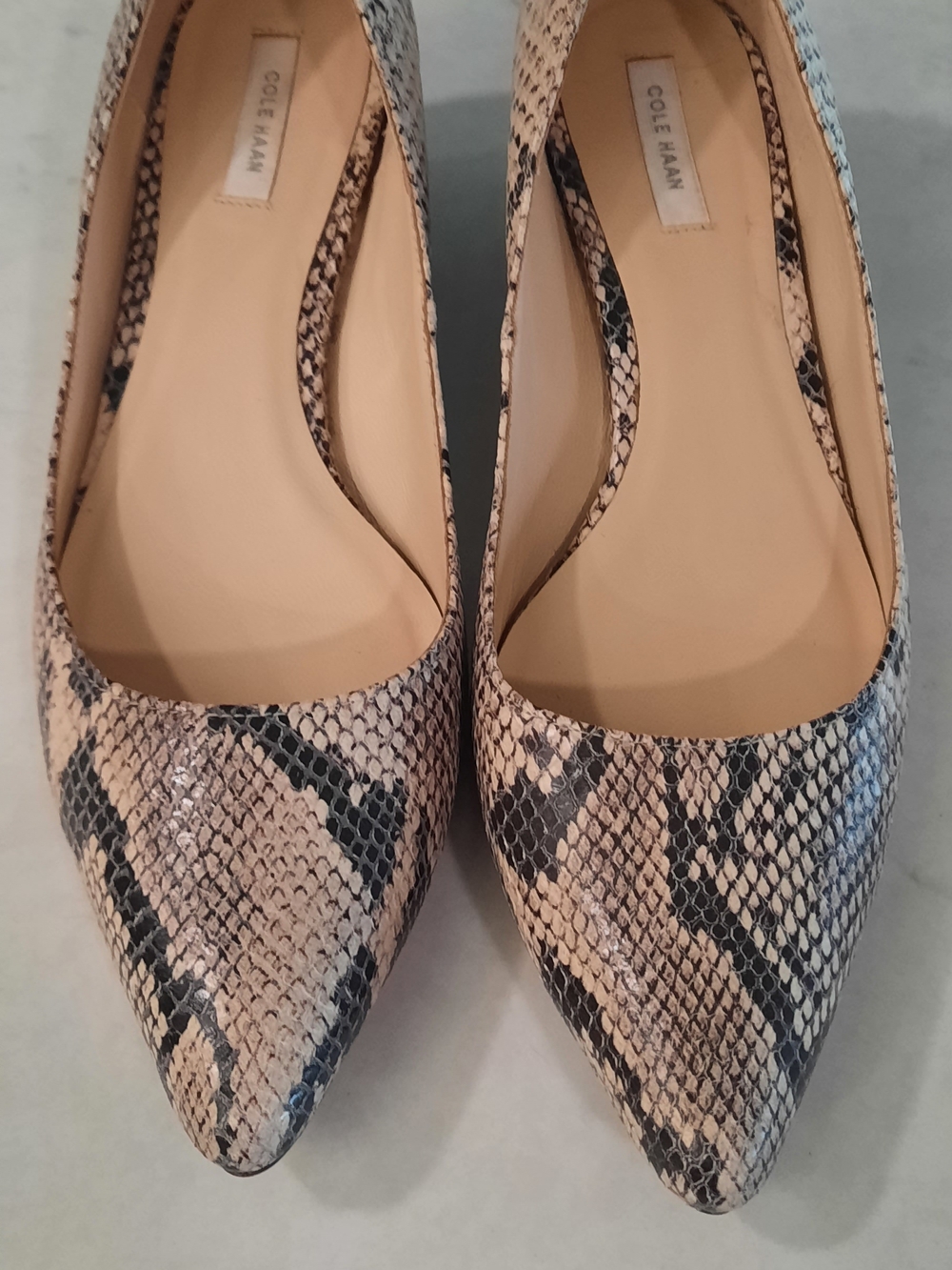 Cole Haan Snake-Print Pointed Toe Flats in Beige and Black